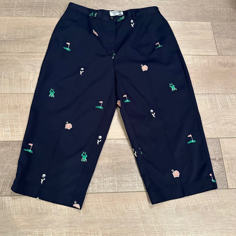CORAL BAY GOLF CROPPED WOMENS PANTS FROGS AND GOLF FLAGS 10 PETITE